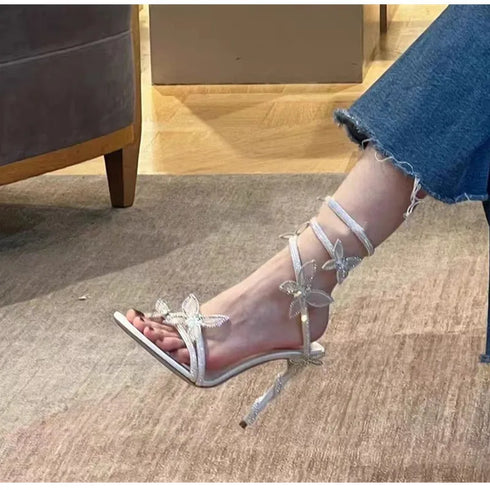 Elegant Crystal-Embellished Gladiator Sandals with Butterfly Detail for Summer Parties and Prom